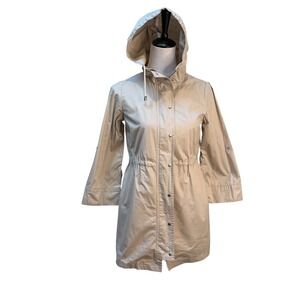 Zara Basic Womens Hooded Parka Jacket Tan Beige Drawstring Waist Utility Small